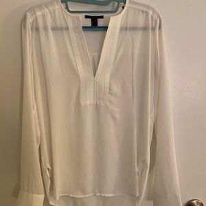 Long sleeve white work shirt with deep V cut